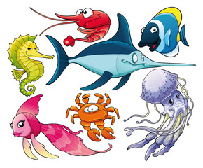 Marine life. Isolated cartoon and vector characters.