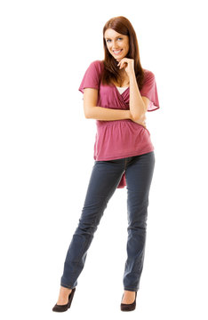 Full Body Portrait Of Young Woman, Isolated On White