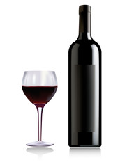 Glass of red wine and wine bottle. Vector.