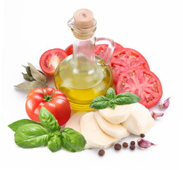 Ingredients for making salad with mozzarella and tomatoes