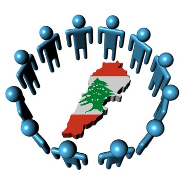 Circle of people around Lebanon map flag illustration
