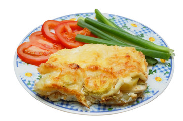 baked potato pudding with tomato and spring onion