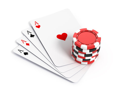 Four aces playing cards and gambling chips
