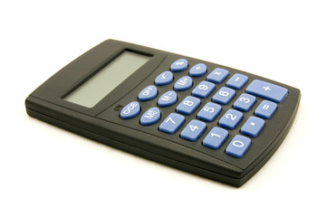black calculator with blue buttons, on white background