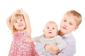 joyful girl, boy and bady. boy is holding bady. isolated.
