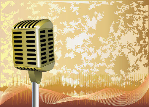 Golden retro microphone on the grunge background