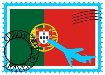 Stamp "Portugal (Lisbon), travel by plane on the world"