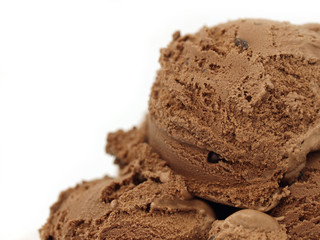 Chocolate ice cream scoops on white background