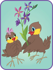 Two sparrows with flowers