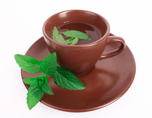 Cup of green tea on the saucer with mint isolated on white