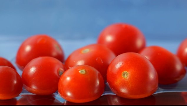 Rolling cherry tomatoes falling in water on blue background