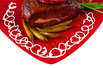 beef and vegetables on red