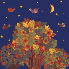 Obraz na płótnie Canvas Autumn scene with birds and trees at night