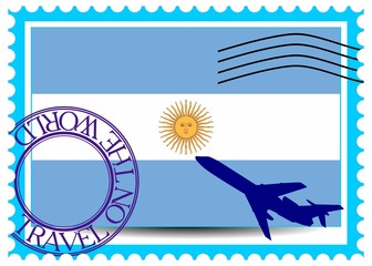 Stamp "Argentina (Buenos Aires), travel by plane on the world"