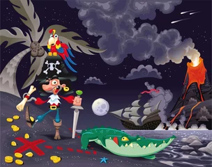 Wandaufkleber Pirat auf der Insel in der Nacht. Vektorszene. © ddraw