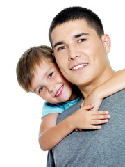 Happy faces of the dad and kid on a white background