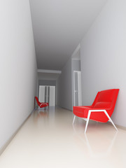light empty hall of business center with red arm-chairs
