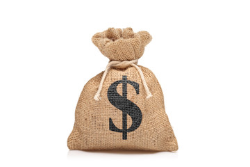 A view of a money bag with US dollar sign against white