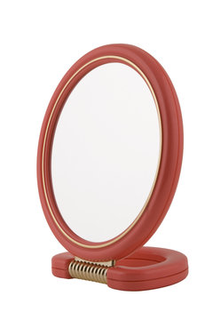 beauty mirror with red frame and handle