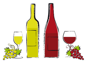 wine bottles with glasses and grapes, vector