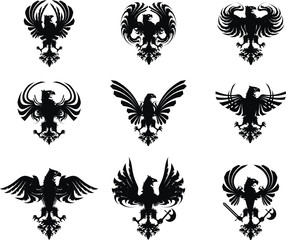 heraldic black eagle emblem crest tattoo set in vector format