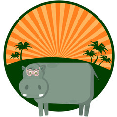 Hippopotamus against palm trees. A vector illustration
