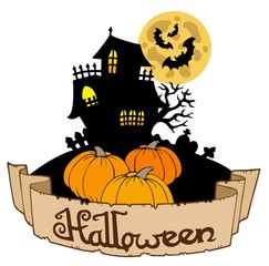 Haunted house with Halloween banner