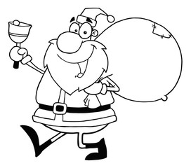 Outline Santa Waving A Bell And Walking With His Toy Sack
