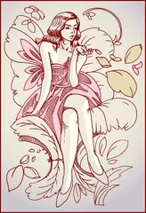Cercles muraux Femme fleurs fée ou fille assise sur une plante fantastique
