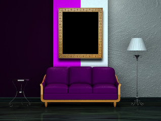Purple couch with table, stand lamp with picture frame