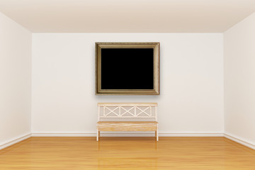 Empty minimalist interior with bench and vintage frame