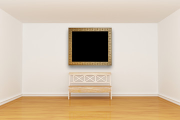 Empty minimalist interior with bench and vintage frame