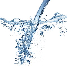 Flowing water with air bubbles on a white background.