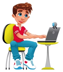 Wandaufkleber Boy and computer. Funny cartoon and vector character © ddraw