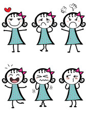 different expressions of a cute cartoon girl