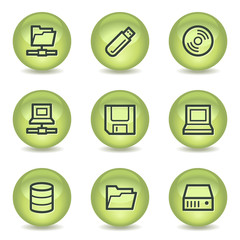 Drives and storage web icons, green glossy circle buttons