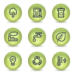 Ecology web icons set 1, green glossy circle buttons