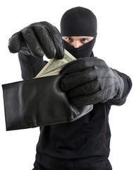 Robber  takes money from stolen wallet isolated on white.