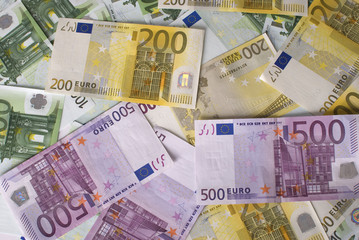 Close-up of 100, 200 and 500 Euro banknotes money.