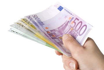 Close-up of100, 200 and 500 Euro banknotes.