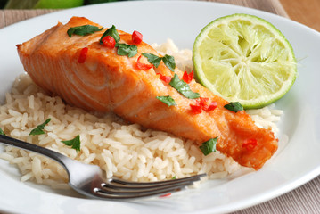 Grilled chilli and coriander salmon with rice