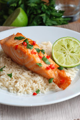 Grilled chilli and coriander salmon with rice