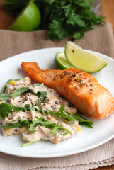 Pepper-crusted salmon with garlic and spinach