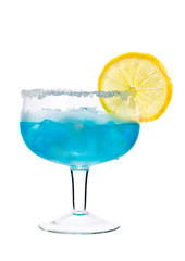 blue drink with ice and lemon isolated on white