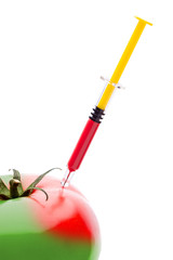Syringe Injecting Red Liquid Into a Green Tomato