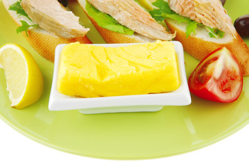 fried salmon chunks on baguette