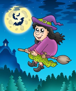 Cute witch on broom near castle