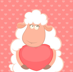 cartoon funny sheep holds a heart