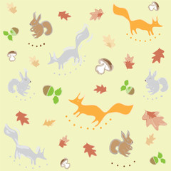 Seamless pattern with fox,squirrel,leafs,nuts and mushrooms