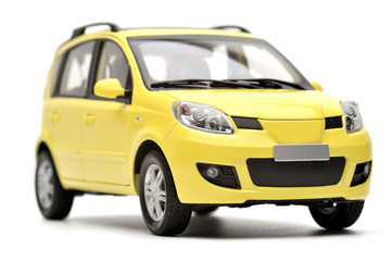 Generic modern yellow family car model on a white background - obrazy, fototapety, plakaty